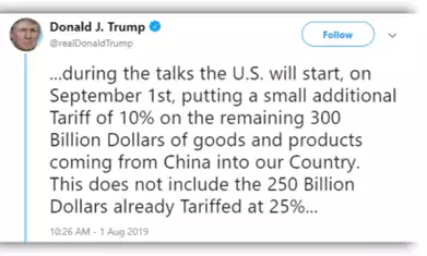 Tweet from Donal Trump mentioning China Tariffs starting September 1 2019 Tweet from Donal Trump mentioning China Tariffs starting September 1 2019